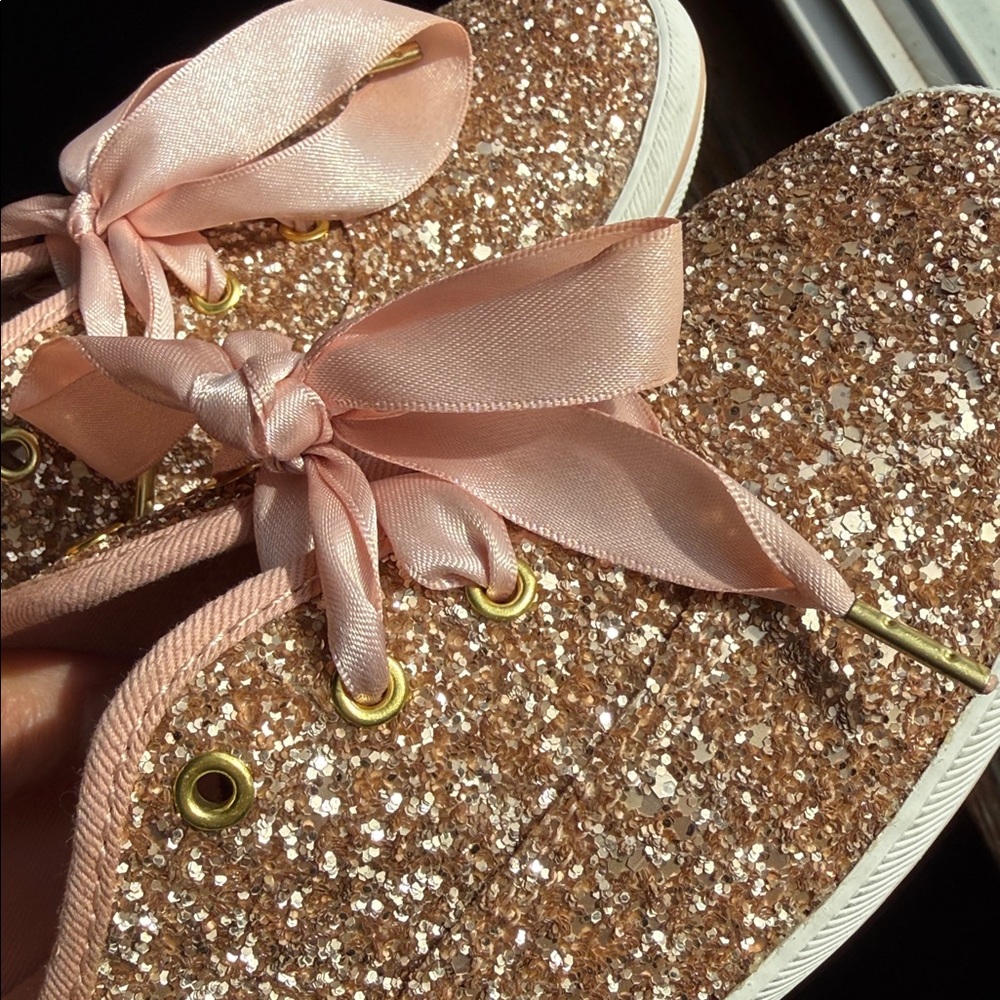 Keds Kate Spade New York Rose Gold Glitter Lace Up Sneakers satin bow blush pink - Picture 9 of 9